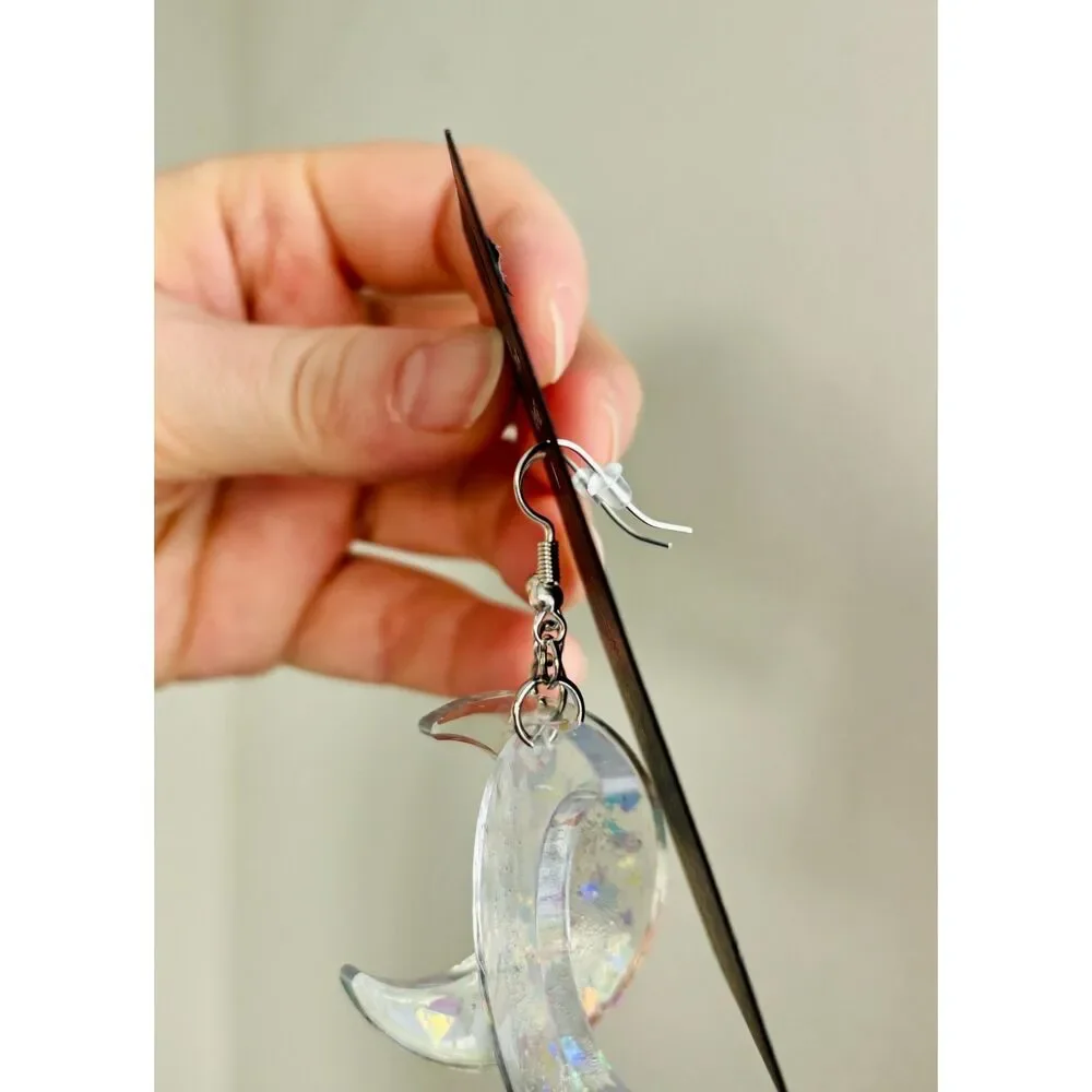 Rainbow Crescent Moon Earrings, Clear Resin Celestial Dangles with Glitter